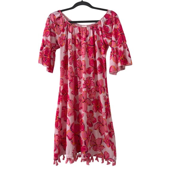 Simply Southern Pink Floral Off-Shoulder Dress W/ Tassels Medium - Picture 1 of 10